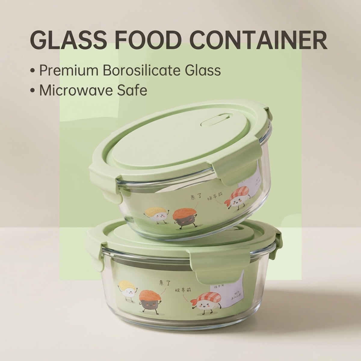 Green Cartoon Pattern Round Gl - đánh giá và giá Food Storage Glass Round
